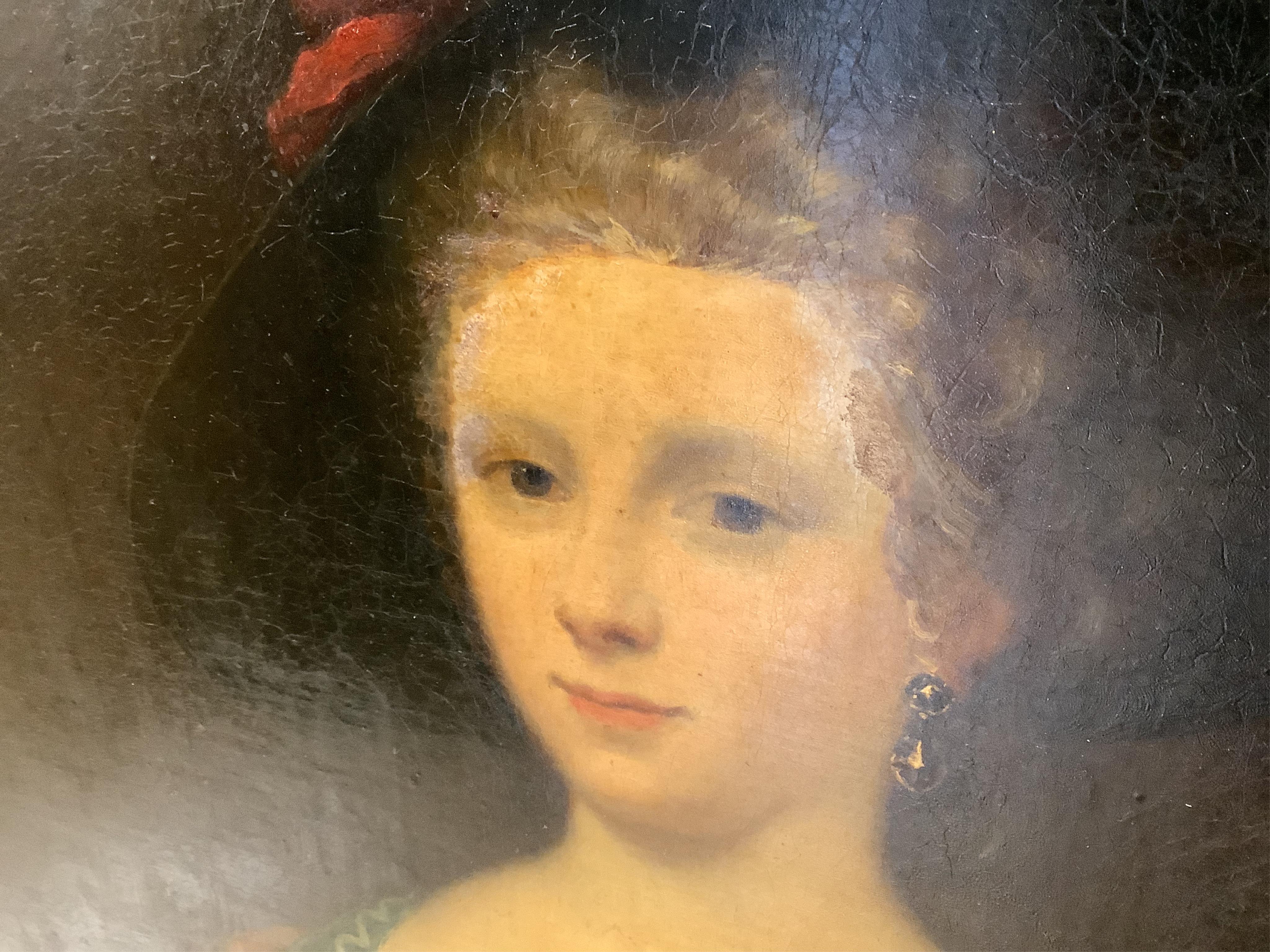 18th century, English school, Portrait of a lady in Georgian dress, unsigned, oil on canvas, 87 x 64cm, ornate gilt frame